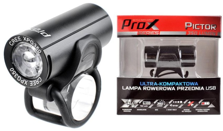 Lampka przód ProX Pictor czana 350lm USB-12659